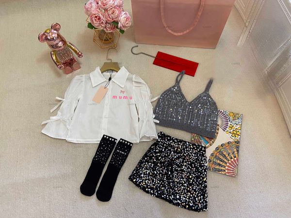 Fashion girls dress set Autumn baby skirt suits kids designer clothes Bubble sleeve shirt Colorful Diamonds decoration Half skirt Vest Socks