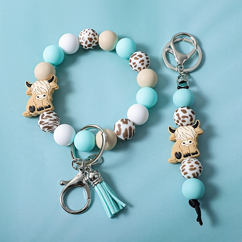 TEMU 2pcs-set Of Women's Retro Cartoon Mint Green Yak Silicone Key Pendant, Western Cowboy Style Silicone Bead Bracelet, Keychain, Bag , Tassel Wrist