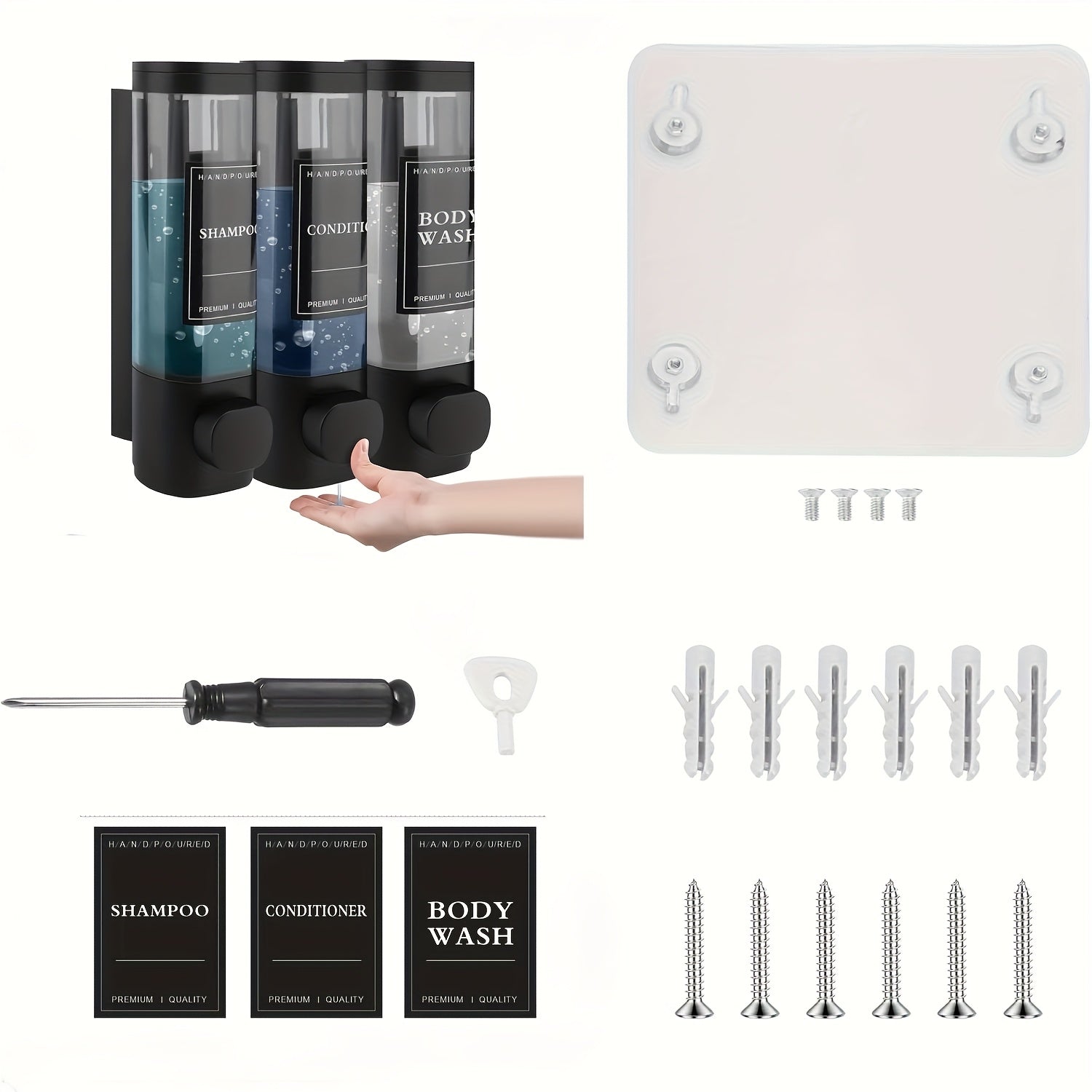 TEMU 3-in-1 Shower Dispenser For Shampoo Wall-mounted Soap Dispenser, Conditioner, And Body Wash - No Drill, Abs Material - 10.14oz X3, Ideal For