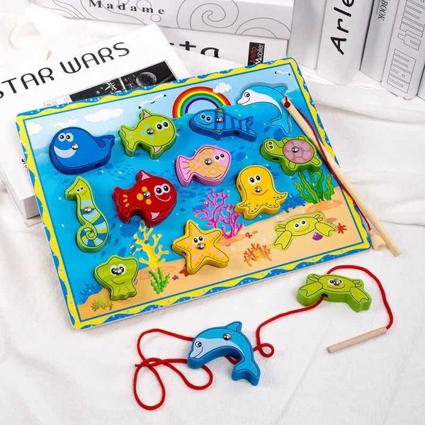 Wooden Magnetic Threading Fishing Animal Stereo Pairing Board Baby Beading Early Education Montessori Intelligence Toy X250113