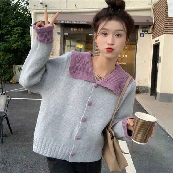 Womens Clothing Fashion Doll Collar Chic Button Knitted Cardigan Autumn Winter Vintage Sweet Loose Warm Contrast Sweaters 250208