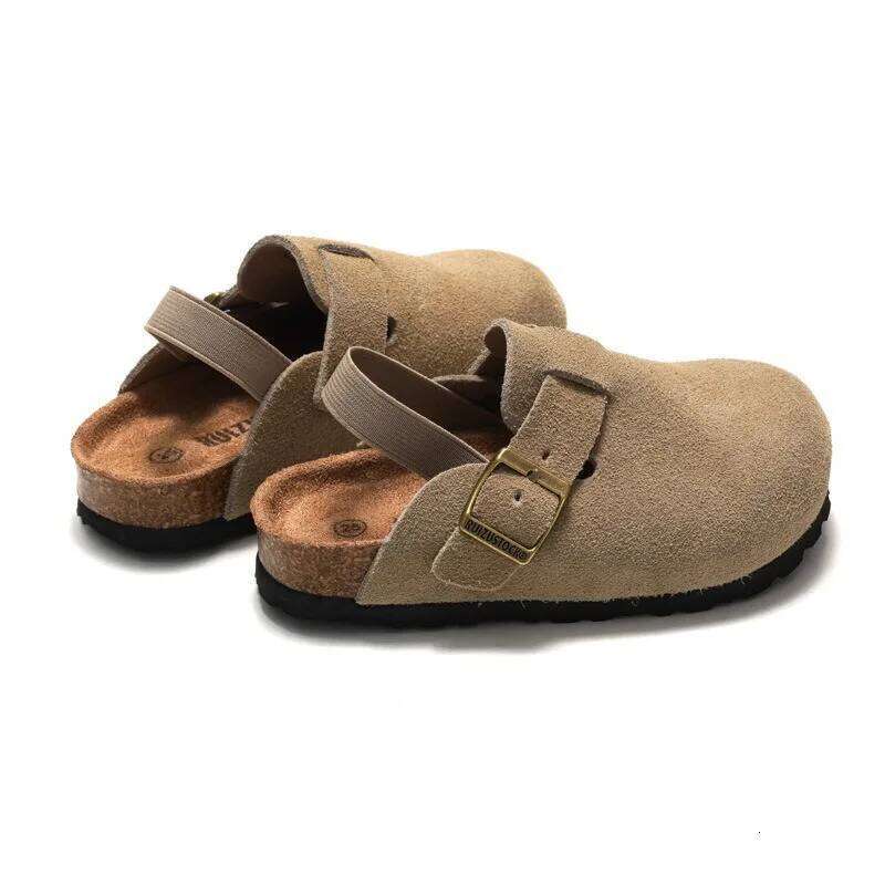 Spring Autumn Kids Slippers New Design Genuine Boys Beach Sandals Girls Frosted Leather Casual Clogs Baby Cork Shoe
