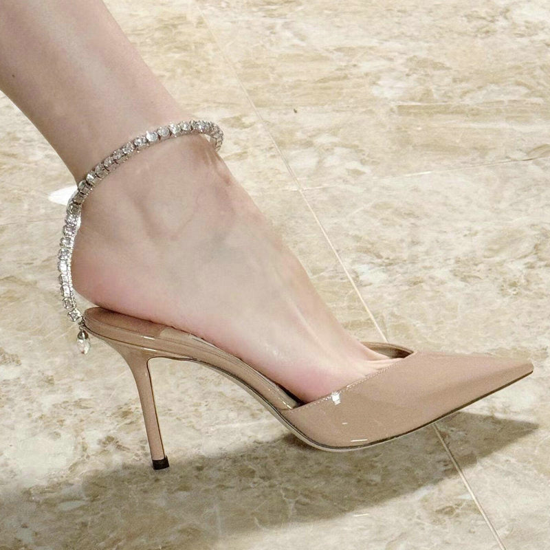 2024 Summer Rhinestone Chain High Heels Women&#039;S Stiletto Pointy Black High Heels One-Line Sandals