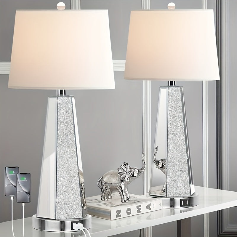 TEMU A Set Of 2 Mirrored Glass Bedside Table Lamps With 2 Usb Ports, Chrome-plated Modern Silvery Living Room Lamps Suitable For End Tables, Gorgeous