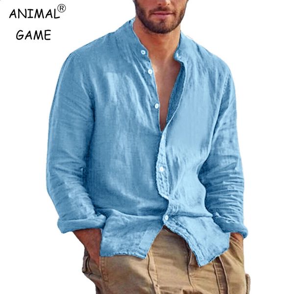 Mens Solid Color Long Sleeve Shirt Linen Cotton Shirts Trend Plussize Stand Collar Casual Lightweight Beach Tops 240727