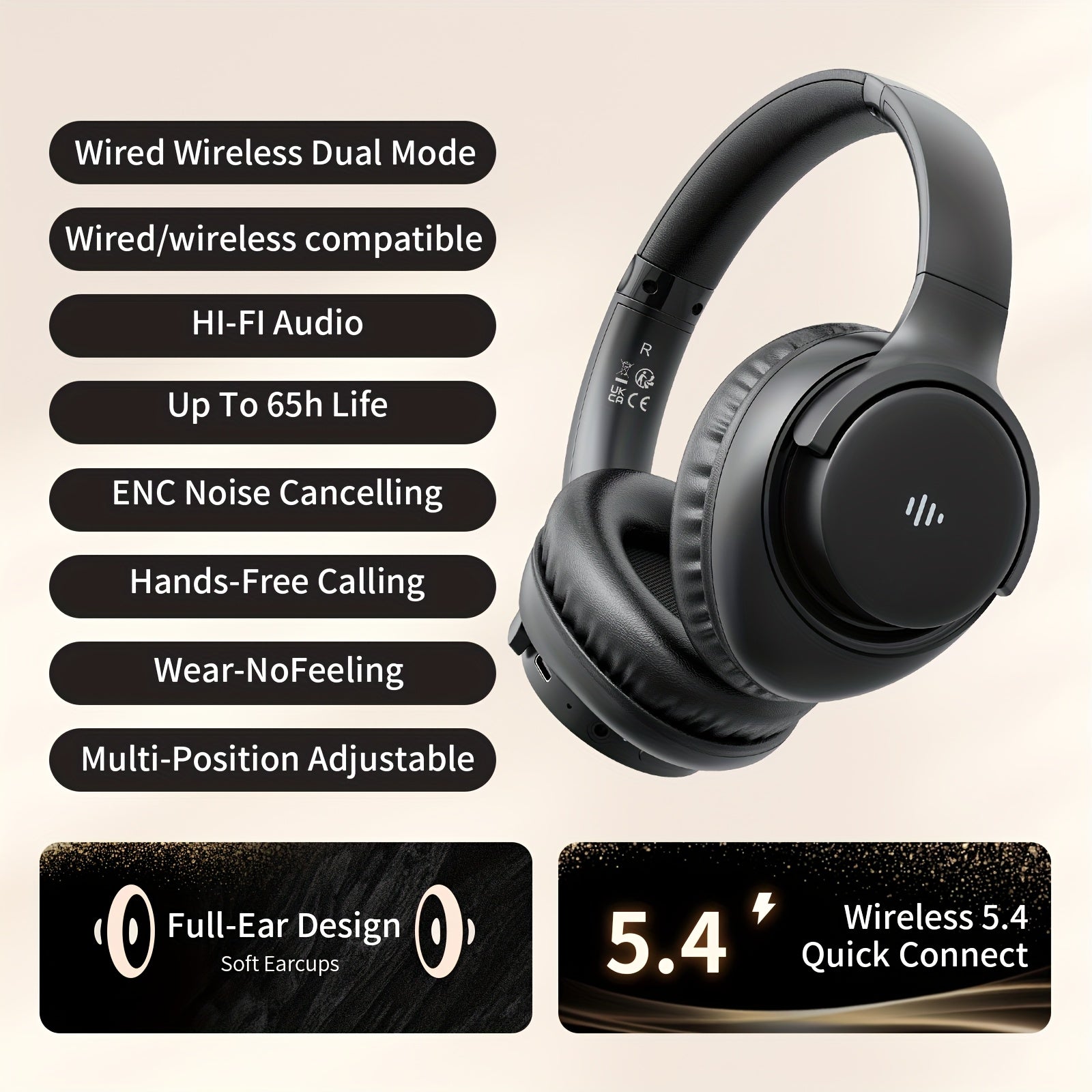 TEMU Wireless Headphones Over Ear, 65h Playtime, Hifi Stereo Headset With Microphone, Foldable Lightweight Headset With Deep , Enc Hd Call Noise