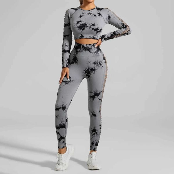 Conjuntos ativos TIY Dye Yoga Suit de traje de mangas compridas Runners de elevação de fitness Suit de fitness Treinamento contínuo Sportswe