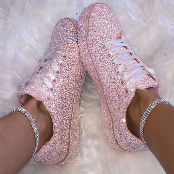 2024 Women Lace Up Sneakers Glitter Autumn Vulcanized Ladies Bling Casual Female Platform Fashion Flat Shoes New eae2e