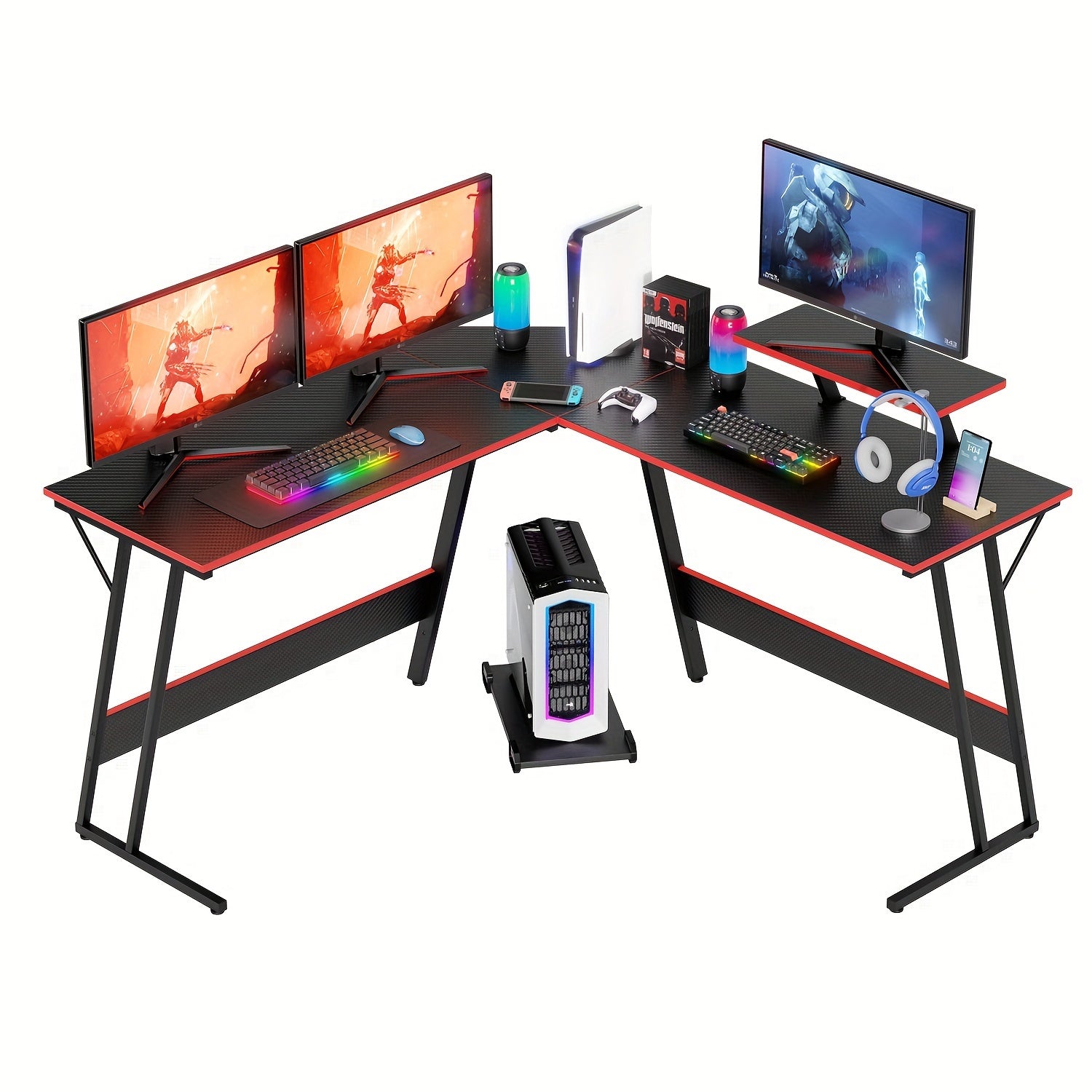 TEMU Corner Computer Desk, L Shape Desk, Gaming Desk With Large Monitor Stand And Carbon Fiber Surface, Home Office Study Writing Workstation, Black