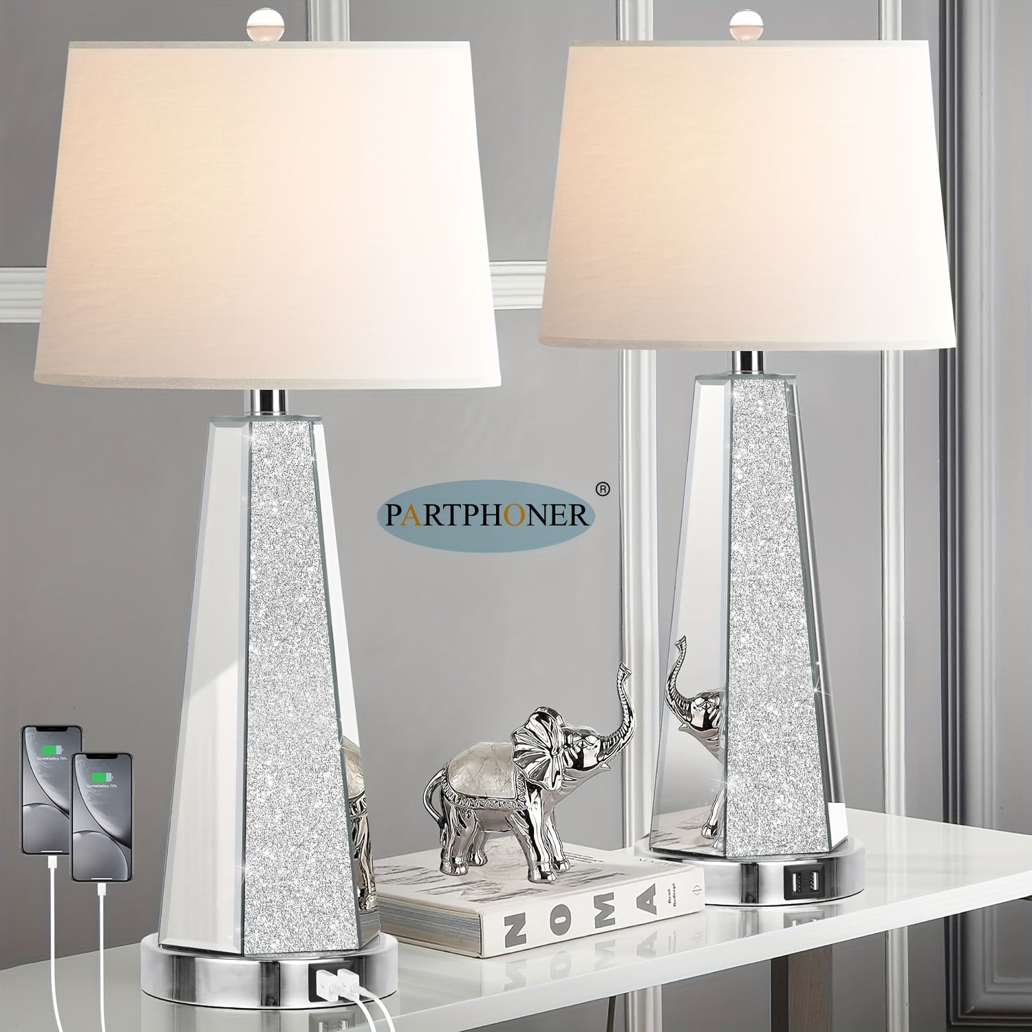 TEMU Partphoner Set Of 2 Mirrored Glass Bedside Table Lamps With 2 Usb Ports Chrome Modern Silvery Living Room Lamps, Glam Comtempory Style Side