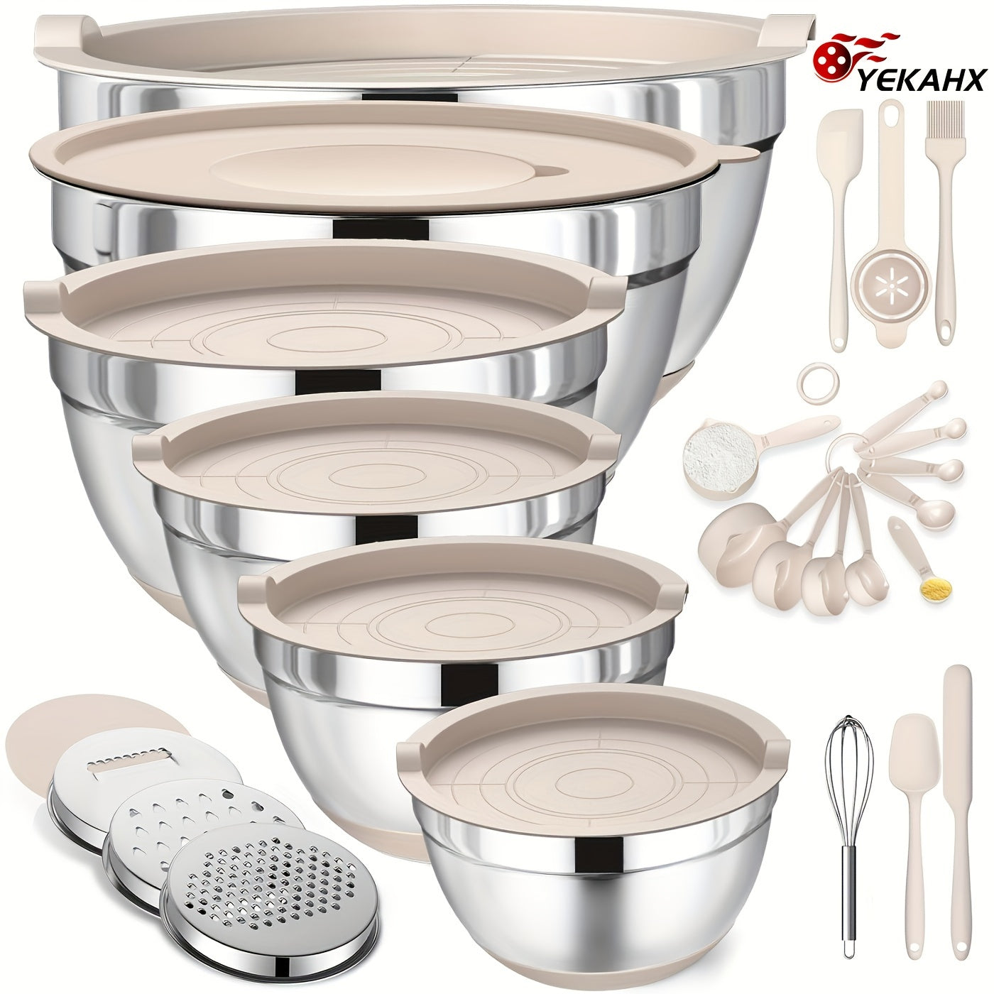 TEMU 26pcs Stainless Steel Nesting Bowls Set With Airtight Lids & Non-slip Silicone Base - Heavy-duty 304 Stainless Steel, Space-saving Stackable