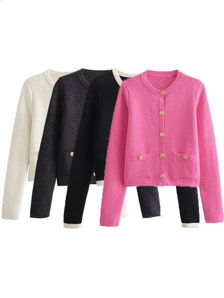 TRAF 2024 Womens Knitted Cardigan Sweater Golden Buttons Front Patch Pockets Long Sleeve Female Outerwear Chic Tops 240905