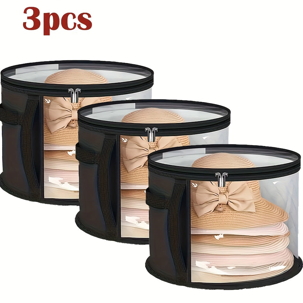 TEMU 3pcs Black Large Capacity Hat Storage Bags With Clear Viewing Window, Foldable Design, Sturdy Handles - Ideal For Cowboy, Baseball, And Beach