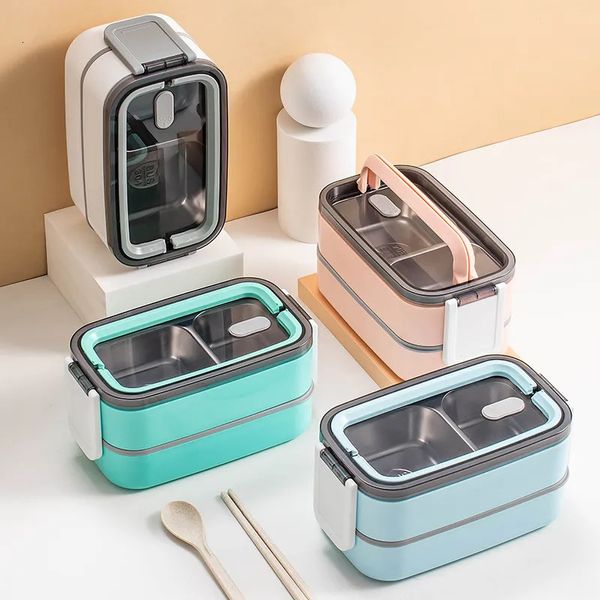 Bento Boxes 1400ML Stainless steel Lunch Box 2 Layer Microwave Heatable Bento Box Leakproof Fresh-keeping Box Kitchen Food Storage Container