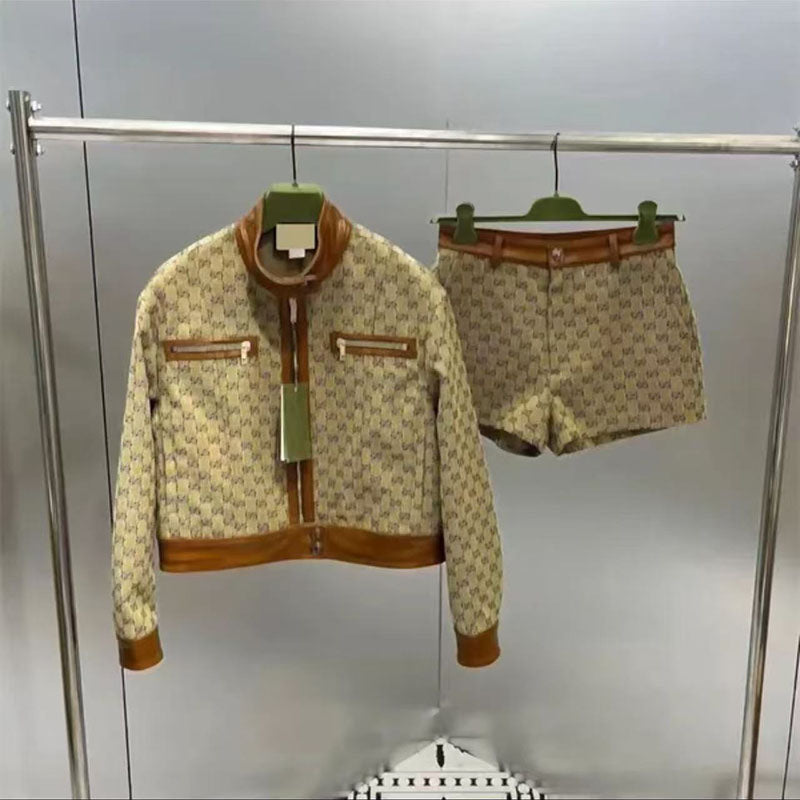 Women&#039;s Fashion Full Letter Jacquard Vintage Stand Collar Jacket Stitching Jacket Short Skirt Women&#039;s Luxury High Quality Women&#039;s Asi