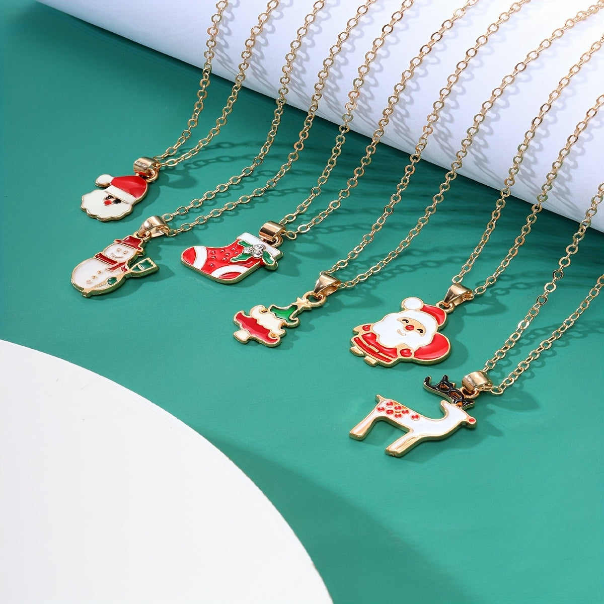 TEMU 6-pack Festive Christmas Charm Necklaces Set, Adjustable Alloy Chains With Classic Santa, Reindeer, Tree, Snowman Pendants, Ideal Gift For Daily