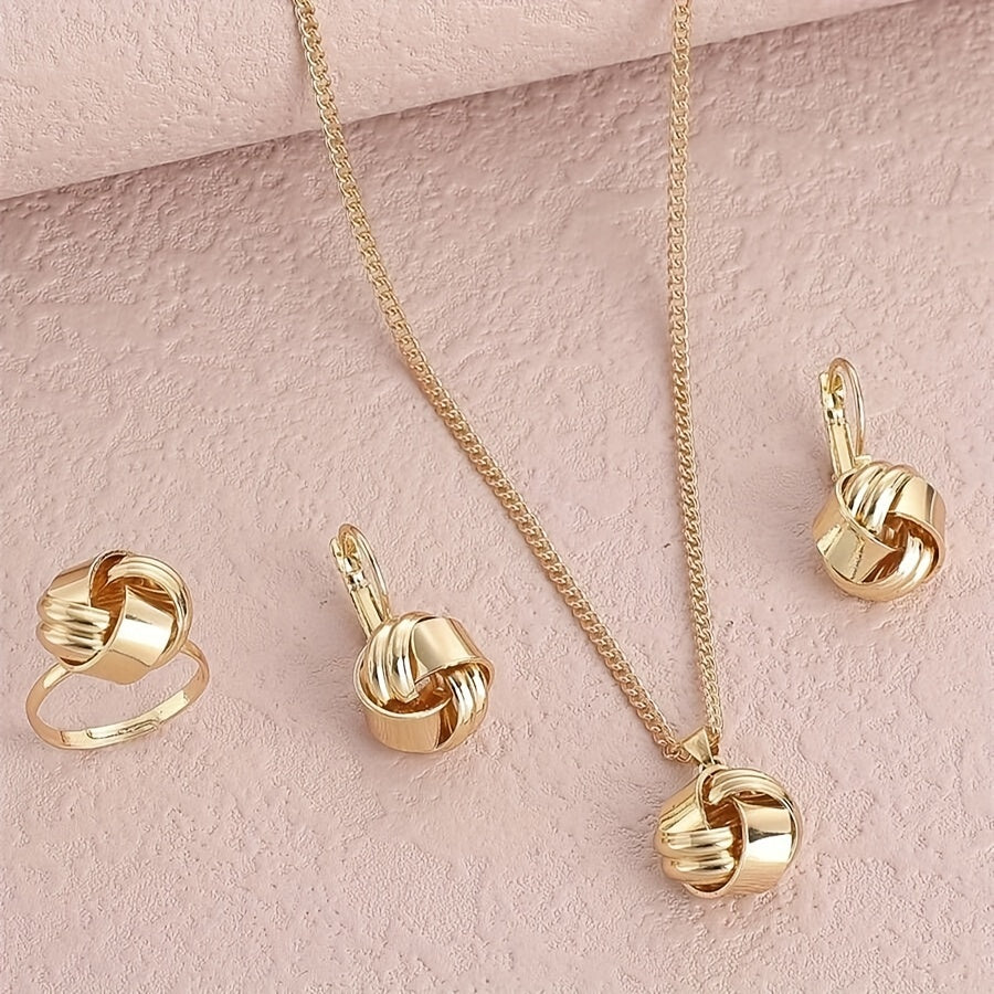 TEMU Three-piece Set Of European And Style, Simple Knotted Flower Rose, Stainless Steel Necklace, Earrings, Ring, Wedding Dance Jewelry, Multi-piece