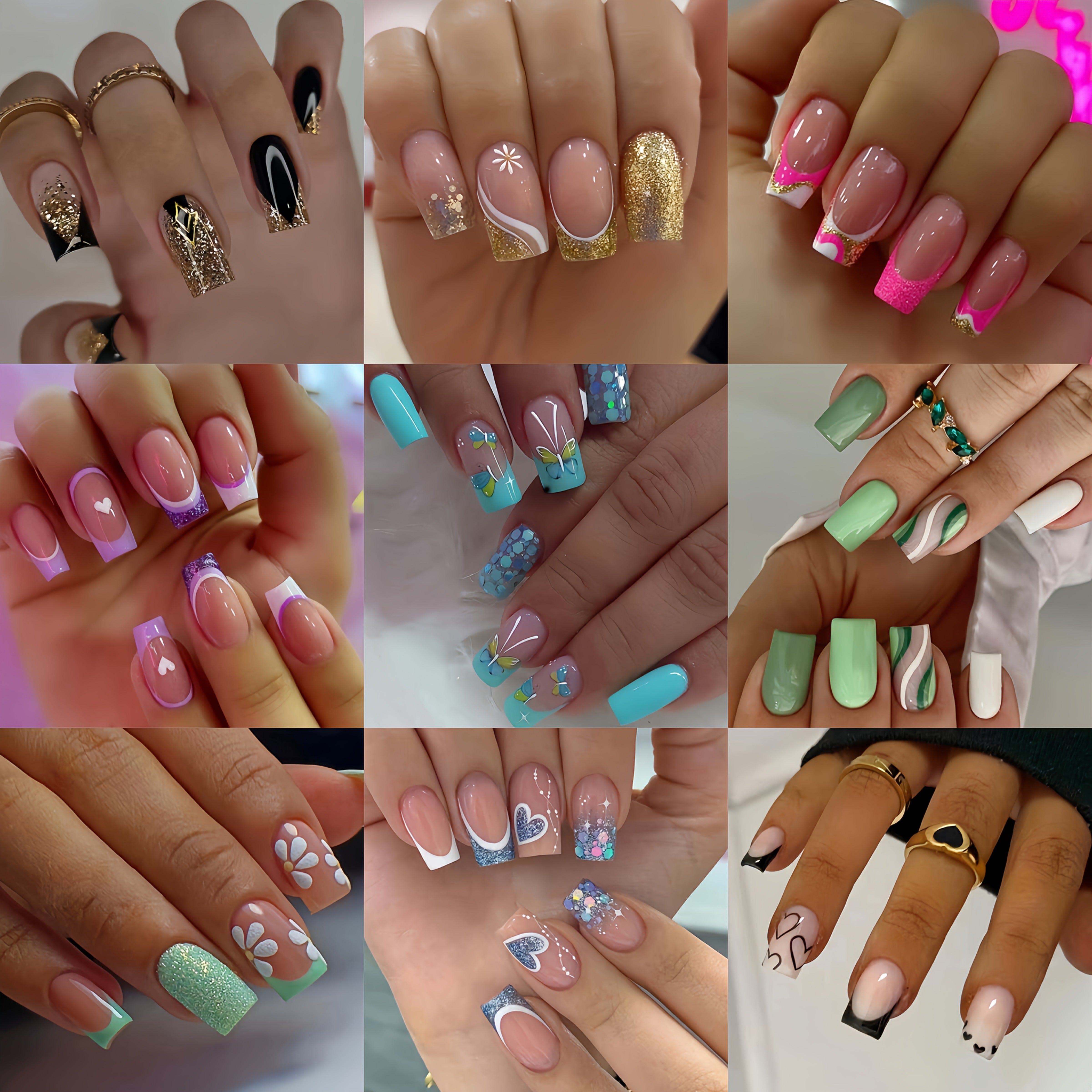 TEMU 216pcs 9 Pack Ballet Press-on Nails Set, Medium Length, Mixed Color French Ombre & Love Heart , Striped Patterns, Glossy Finish, Reusable