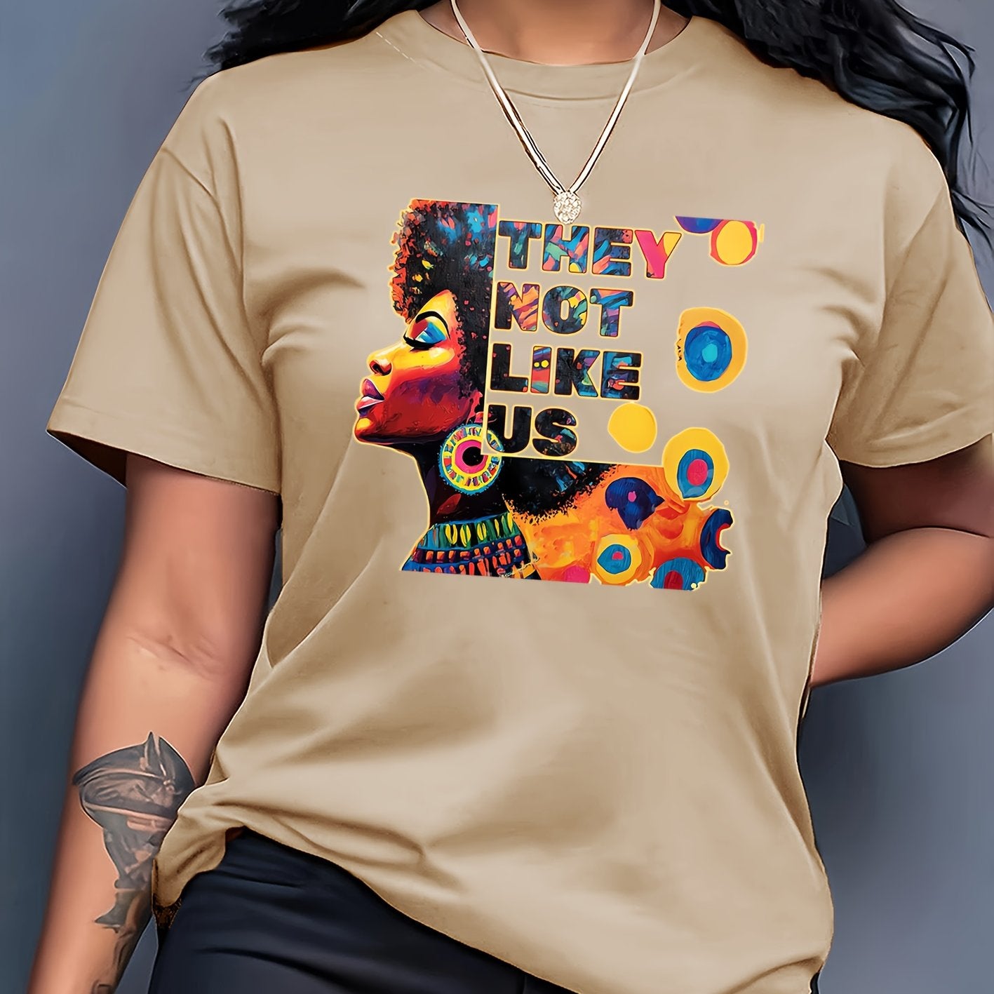 TEMU Women's Casual Short Sleeve T-shirt - Vibrant Red Afro With Hoop Earrings Graphic & " Not " Slogan Print, Round Neck, Medium Stretch, Machine