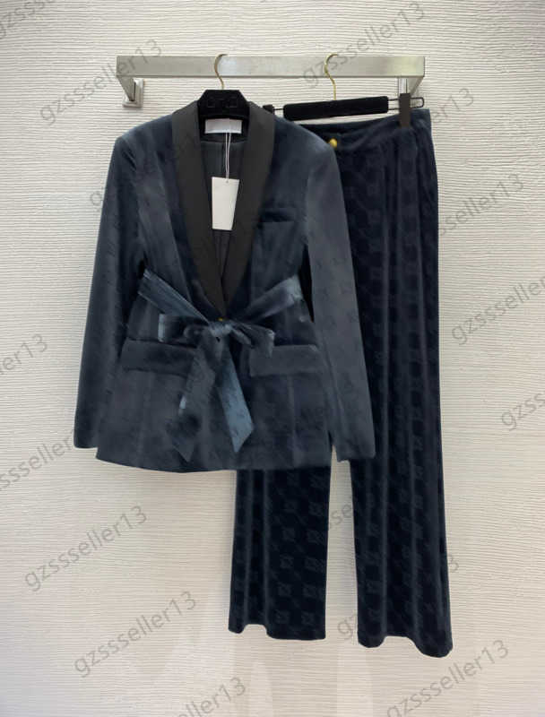 Womens Two Piece Pants full body logo velvet Lapel bow belt Long sleeved suit jacket Collar Zipper Jacket high waist casual trousers fashion Women C
