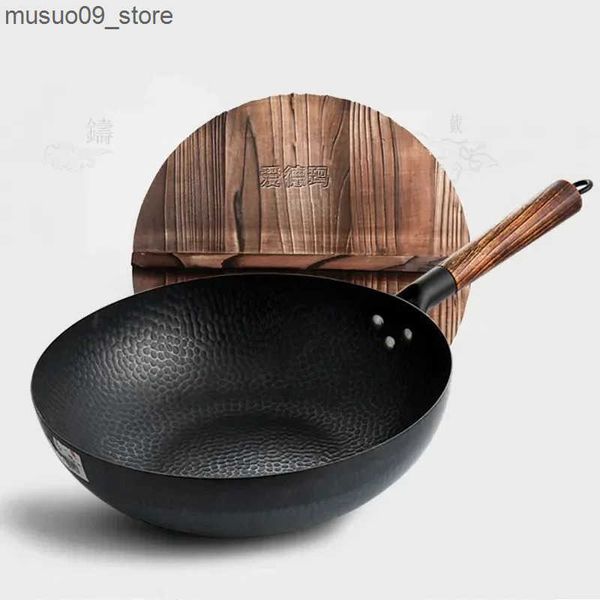 Other Cookware 32cm Chinese Traditional Handmade 100% Iron Wok Thickening Non Coated Round Bottom Pan Wok Cook Large Cooking Pot with Wood L
