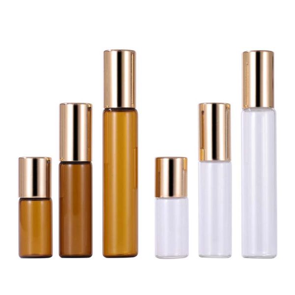 100Pcs 10ml Perfume Roll On Glass Packaging Bottle 5ml 3ml 2ml 1ml Frosted Clear Amber with Metal Ball Roller Gold Cap Essential Oil Vials
