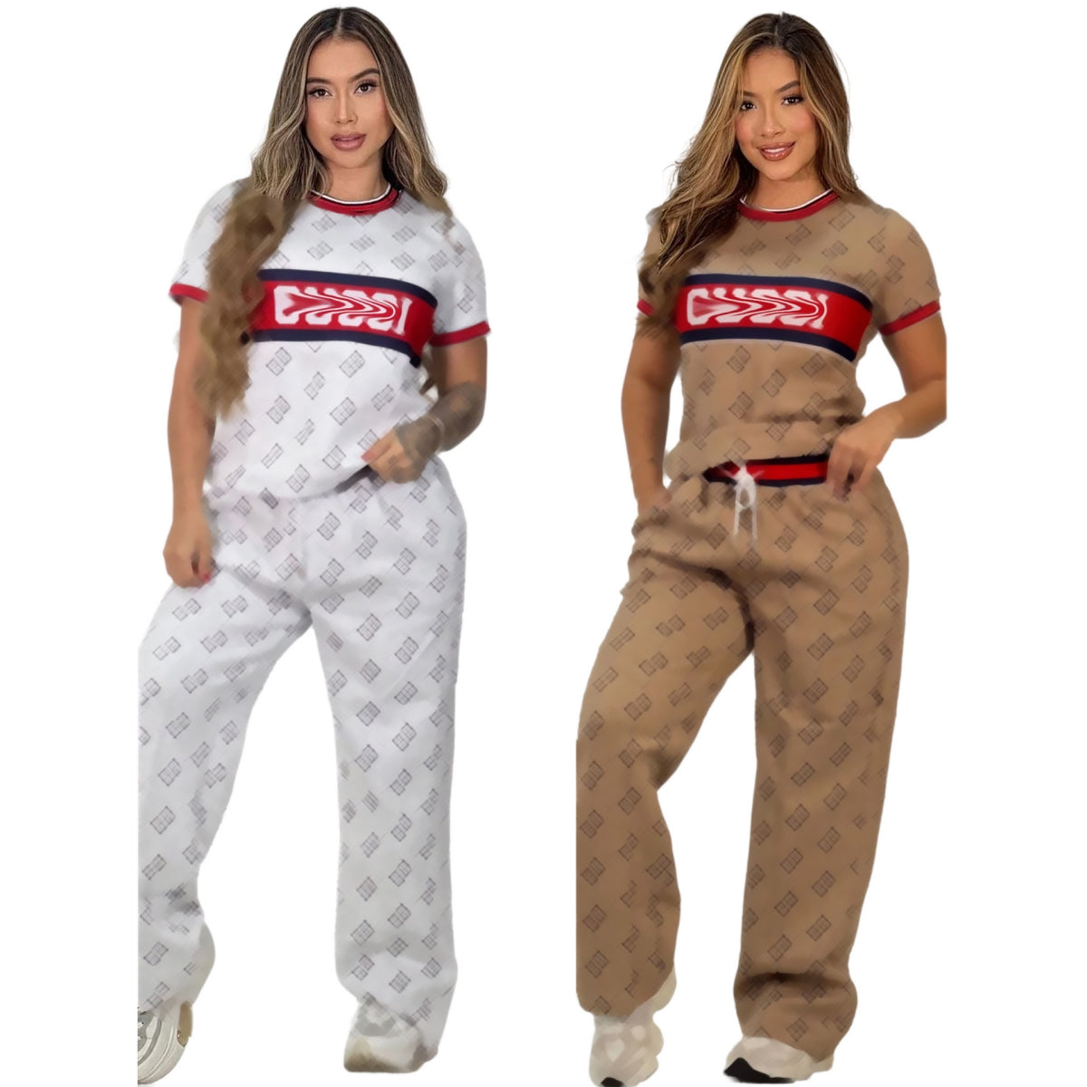 Double Sided Jacquard Knitting Tracksuits Women Casual T-shirt and Wide Leg Pants Set Free Ship
