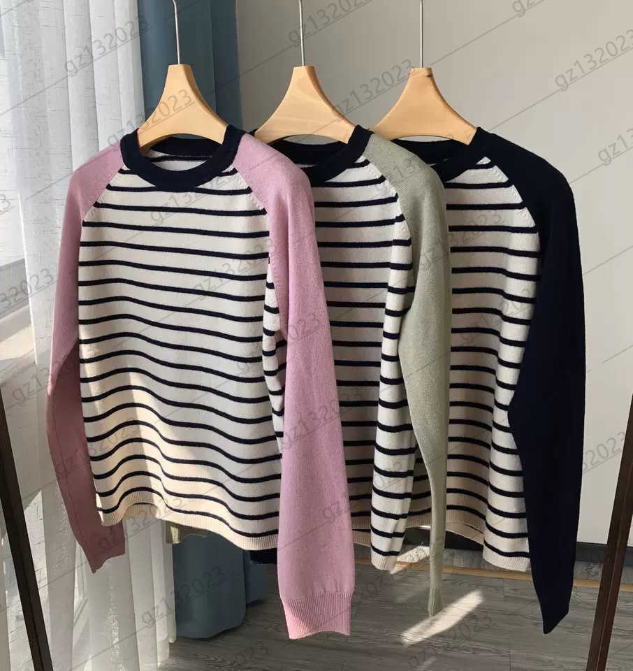 Womens Sweaters Contrasting Color Stripe Decoration Round Collar Pullover Knit Sweater Color Matching Long Sleeves Standard Knitwear Women Clothes 3