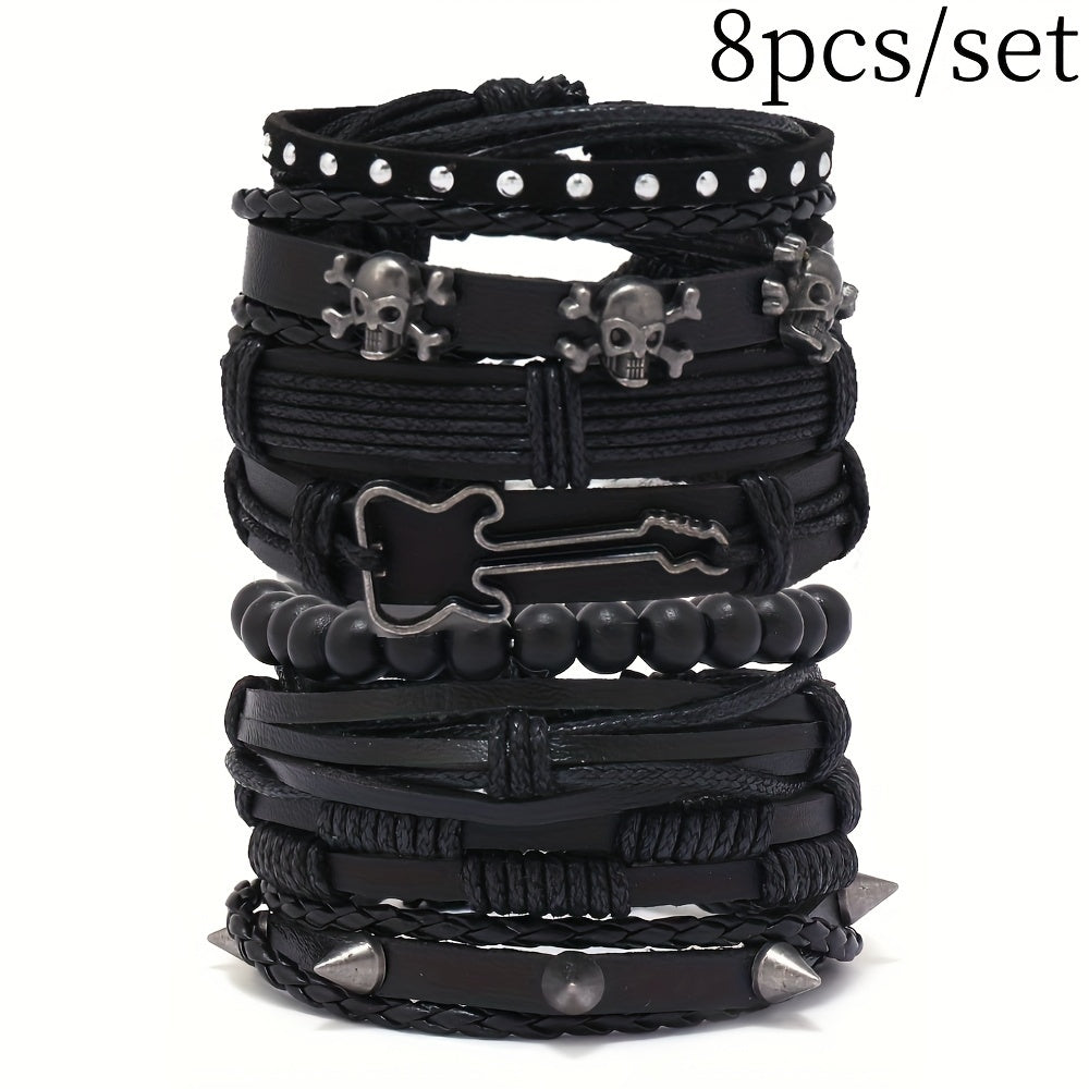 TEMU 8pcs Set Adjustable Leather Bracelets - Punk Style Cuff Wraps For , Daily Wear & Gifts