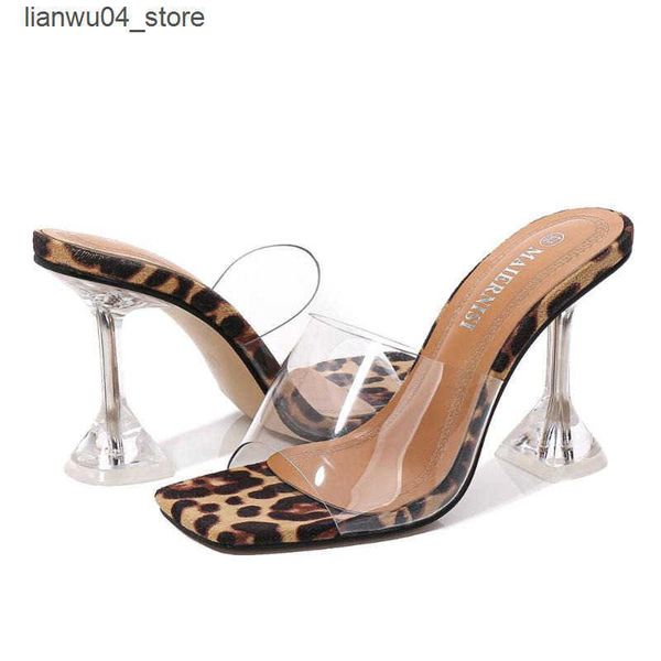 Sandals Dress Shoes Big 45 46 Leopard Print Sandals Open Toe High Heels Women Transparent Perspex Slippers Heel Clear H250114