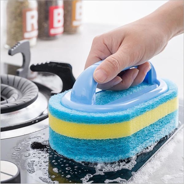 Sponge Wipe with Handle Cleaning Brush Bathroom Tile Glass Cleaning Sponge Thickening Stain Removal Clean Kitchen Brush