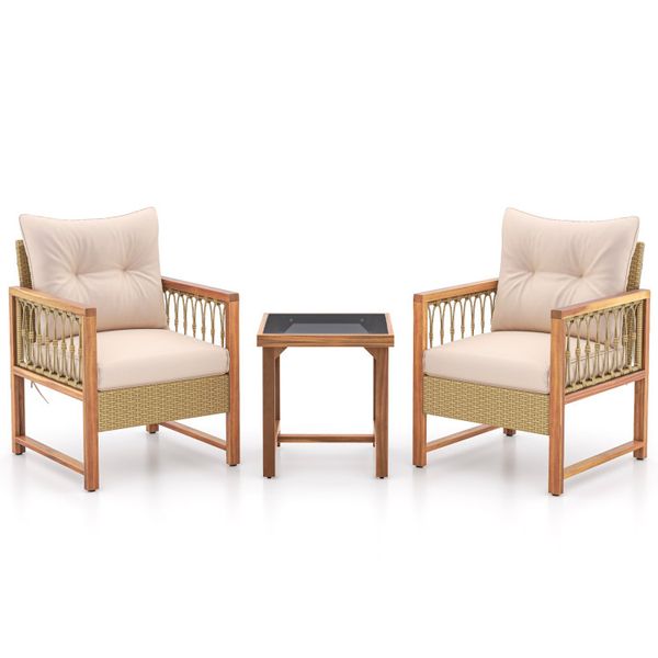 3 Pieces Patio Furniture Set with Acacia Wood Frame Cushions