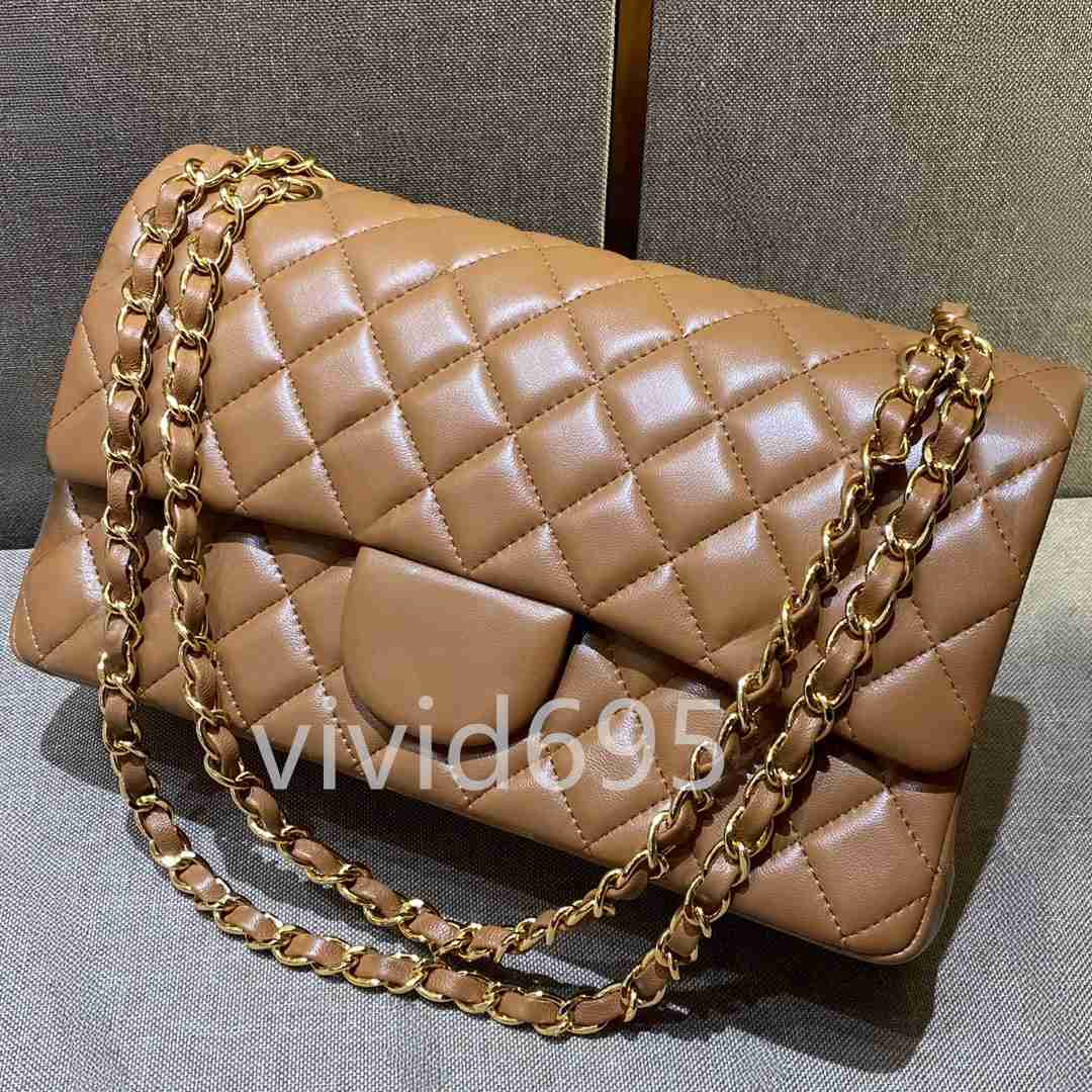 10A Mirror Quality Designers Classic Medium 25cm Womens Lambskin Caviar Luxury Handbag Real Leather Caramel Purse Shoulder Chain flap