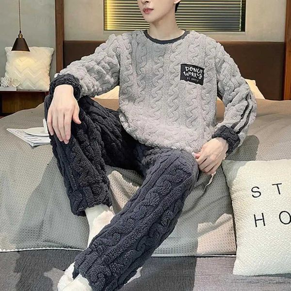 Thicken Veet Twisted Men Pajama Set Men Sleepwear Fleece P Plover And Pants Hewear Warm Lounge Wear Set Boyfriend Gift G241104