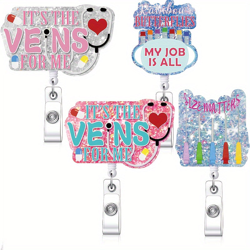 TEMU 4 Pack Nurse Badge Reel Retractable Holders, Funny Phlebotomist Id Clip With Bling, Cute Nursing Badge Reel For Office, School, Hospital -