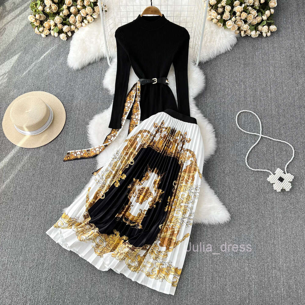 Fashion suit women stand collar slim knit top two-piece high waist baroque printed pleated skirt