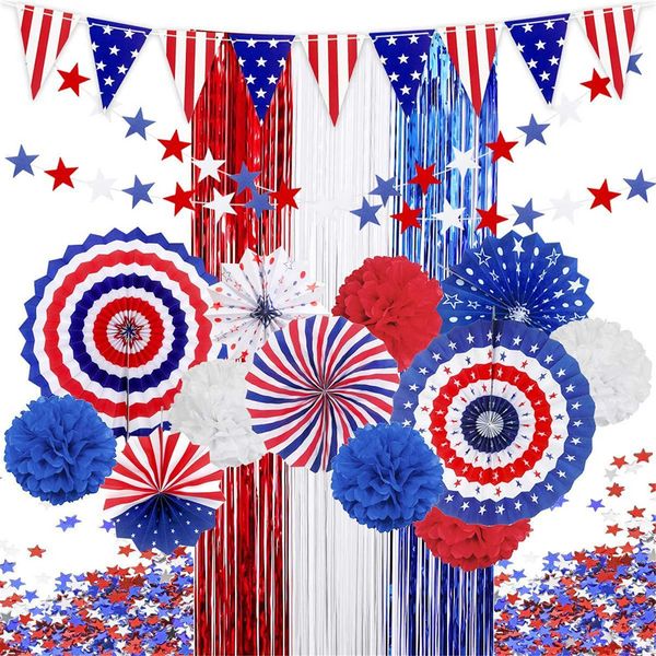 Novelty Items American Flag Paper Fans Patriotic Decoration Set Star Pull Flower Curtain for 4th Of July American National Day Party Decor Z
