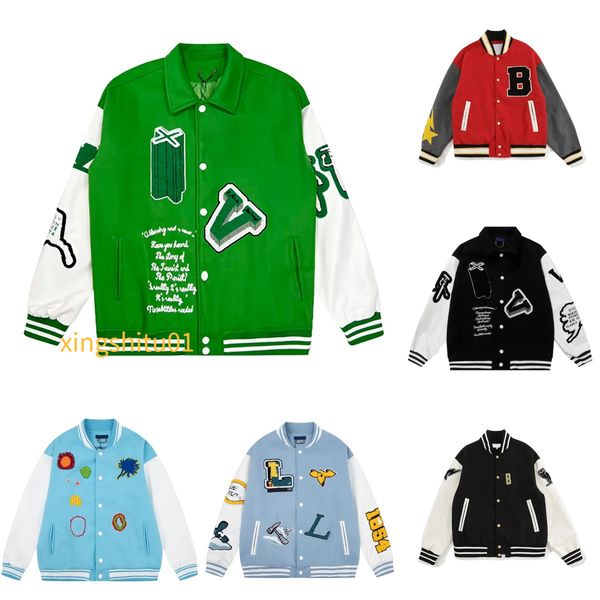 2024 Designer Mens Varsity Jacket Baseball Outerwear Coat Wool Fleece Flocking Leather Jackets Embroiderd Single Breasted Couples Uniform St