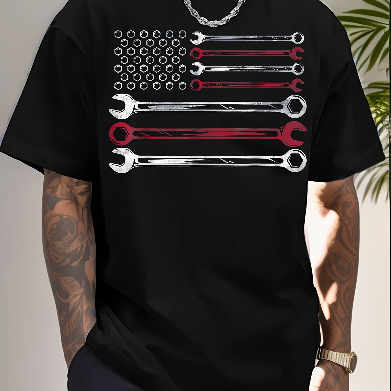 TEMU Men's Patriotic Mechanic American Flag T-shirt - 100% 220gsm Heavyweight, Wrench & Car Parts Design (tire Tread, , Spark Plug) - Casual Round