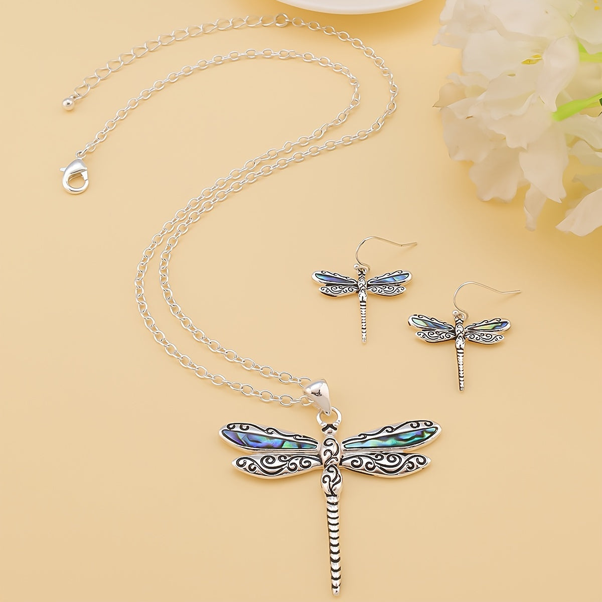 TEMU Elegant Women's Fashion Necklace Set - Alloy With Pendant, Matching Earrings, And Delicate Chain, Or Vacation, Dragonfly Jewelry