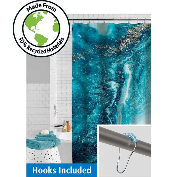 Waterproof Watercolor Marble PEVA Shower Curtain Set Hooks 13 Piece Blue Chrome Finished Rollerball Hooks shower curtains Y240815