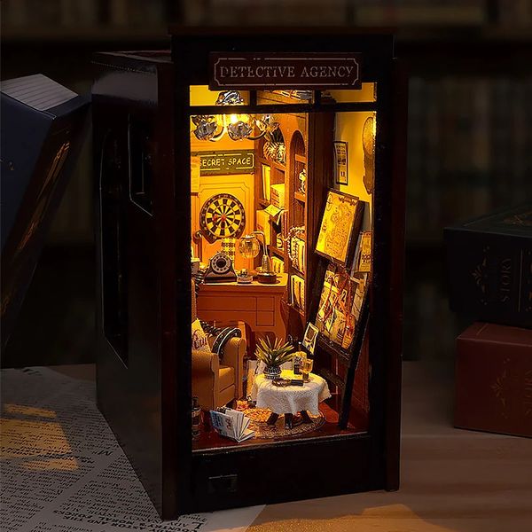 DIY Book Nook Kit Wooden Doll House 3D Puzzle Assembly Model Building Bookend Toy Home Bookshelf Insert Decor With LED Lights 241225