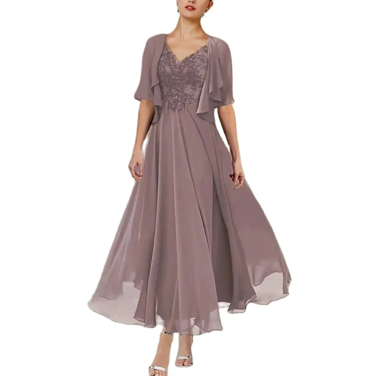 Elegant Short V-Neck Lace Mother of the Bride Dresses A-Line Chiffon Pleated Ankle Length Zipper La madre del vestido de novia Women Dresses for Wom