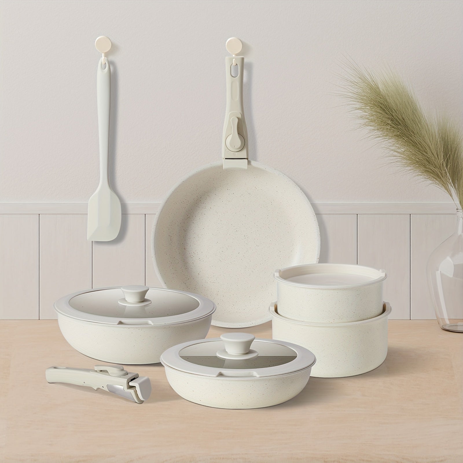 TEMU 12pcs White Granite Cookware Set, Nonstick And Easy To Clean, Induction Ready Pots And Pans With Removable Handles, Including Frying Pans And