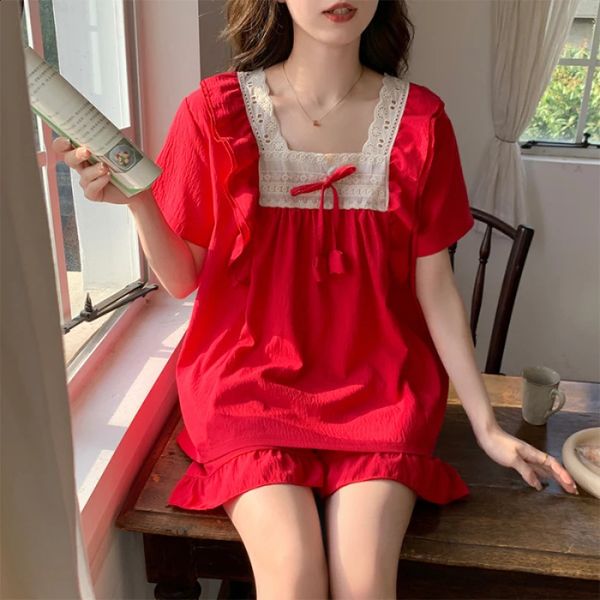 Korean Ins Simple Style Sweet Y2k Womens Nightgown Cloud Cotton Square Collar Pajamas with Bra 2024 Summer Female Sleepwear 240810