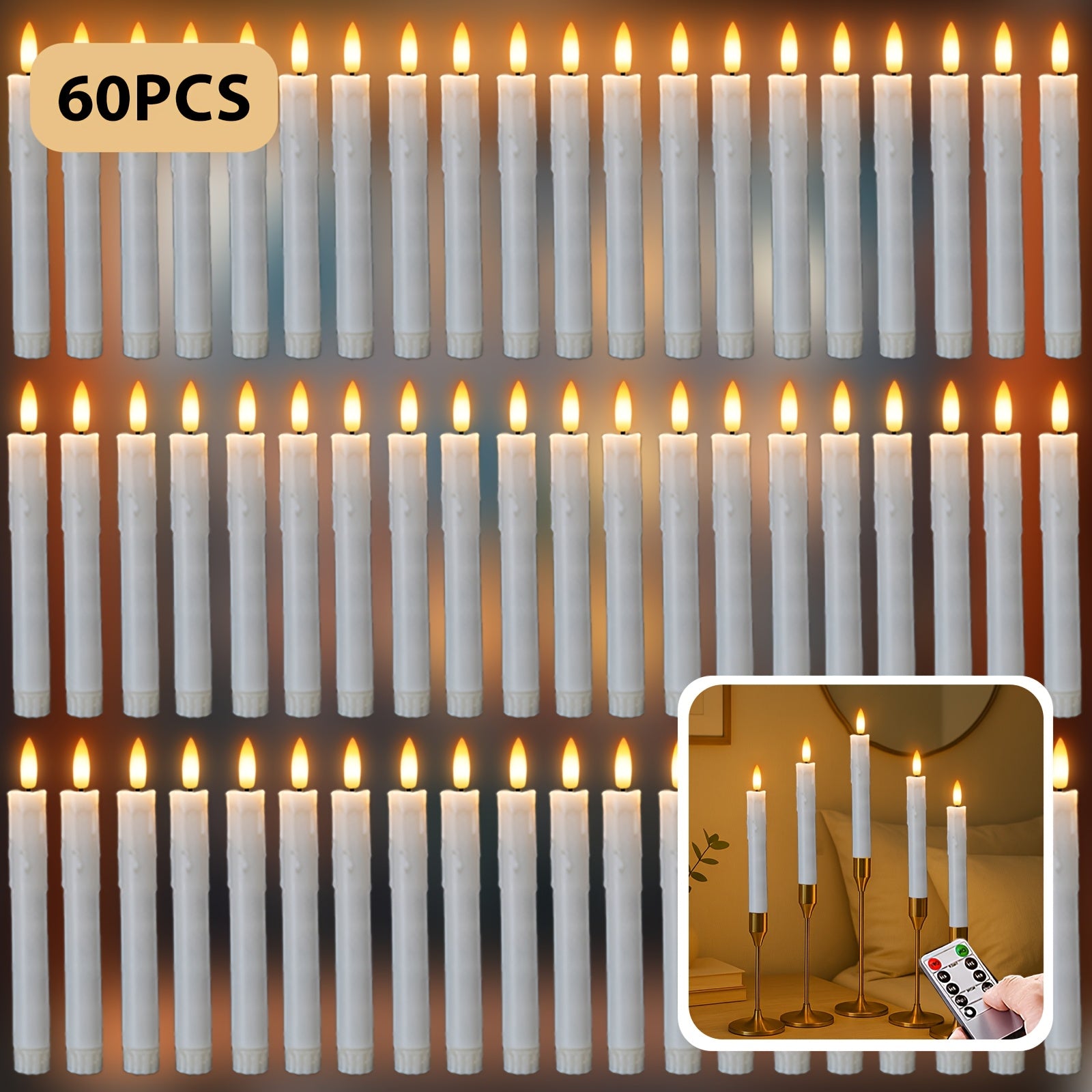 TEMU 60pcs Plastic White Flameless Taper Candles With 10pcs Remote Control, Timer, Dimmer, White Battery Operated Candle Sticks With , Led Window