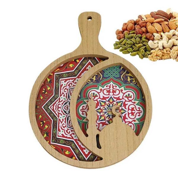 Decorative Plates Eid Party Serving Tableware Floral Print Round Eid Serving Dishes Decorative Wood Tray Eid Wood Tray With Handle Food Serv
