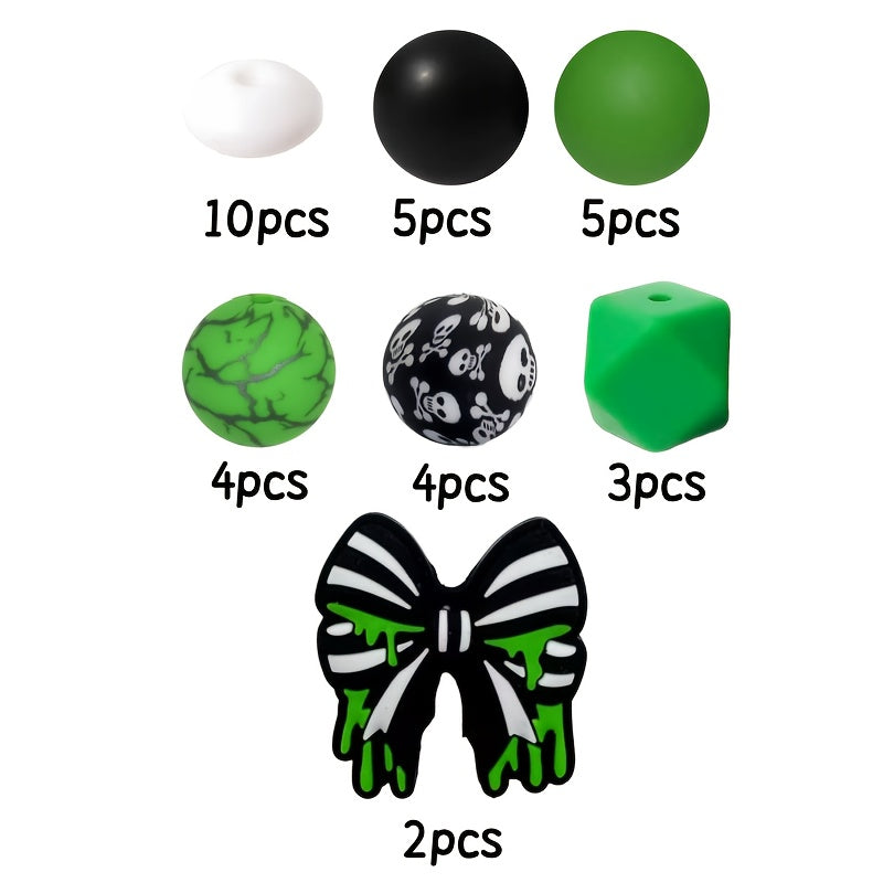 TEMU 33pcs Halloween Bow Silicone Bead Set With & Bat Charms - Gothic Beads For Making, Keychains, Bracelets & Necklaces - Durable Non-toxic Craft