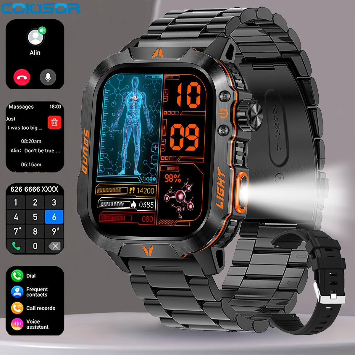 TEMU Coiusor Rugged Outdoor Smartwatch With Call Function, 2. 01" Tft Display, Usb Charging, 600mah Lithium Polymer Battery, Led Flashlight, Sports ,