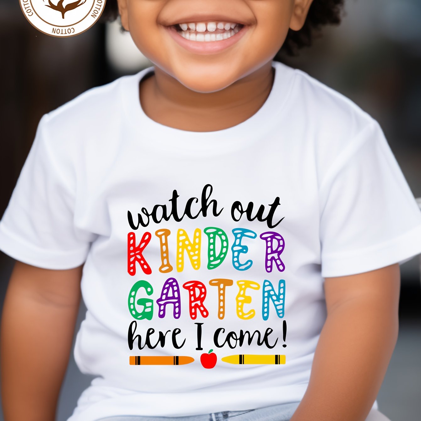 TEMU Boys' T-shirt With Crayon Pattern Print And Colorful Letter Print, Soft And Versatile Round Neck Short Sleeves